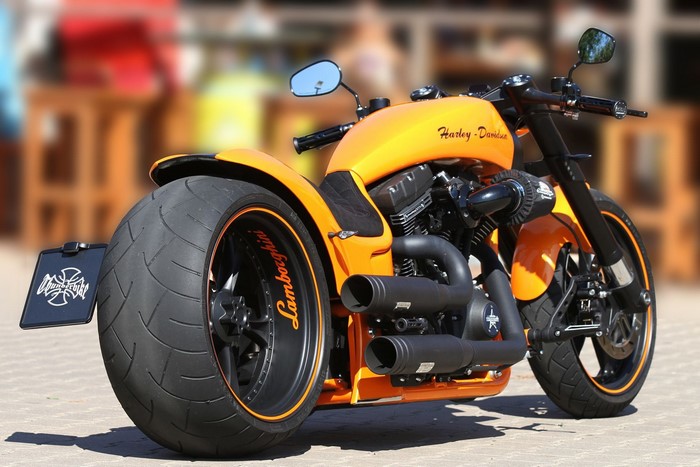 Orange Harley-Davidson Motorcycle with Lamborghini Tires