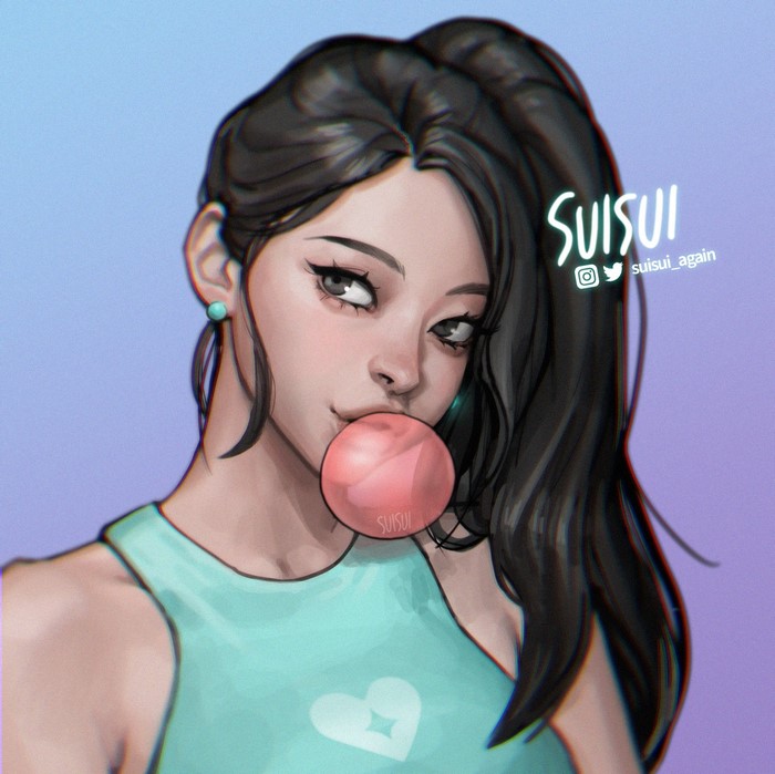 Riot Games, dark hair, fan art, bubble, artwork, digital art, gray eyes, short tops, video game characters, video game girls, bubble gum, Sage (valorant), SUISUI, Valorant