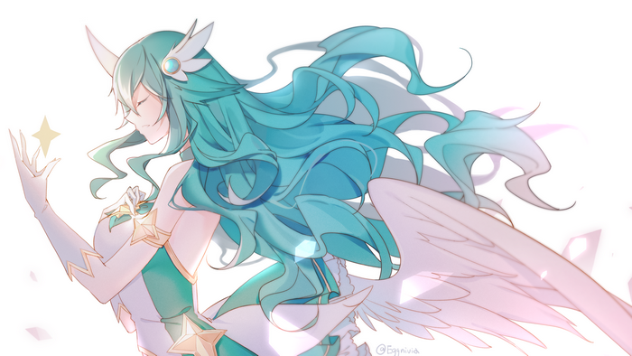 green hair, Soraka (League of Legends), Star Guardian Soraka, Riot Games, illustration, League of Legends, artwork, white horns, Star Guardian, video game characters, wings, digital art, video game girls, fan art