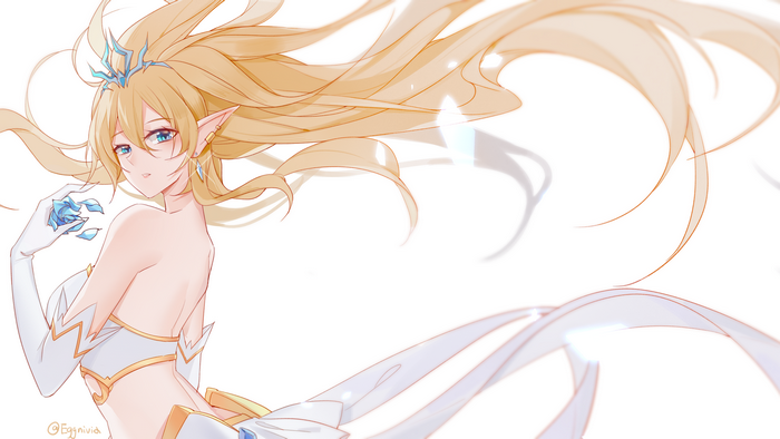 digital art, illustration, Janna (League of Legends), crown, video game characters, League of Legends, elf ears, Riot Games, fan art, artwork, blonde, blue rose, blue eyes, video game girls