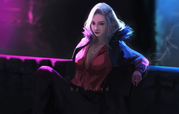 smoking, fantasy girl, ziixd, red eyes, digital art, elf ears