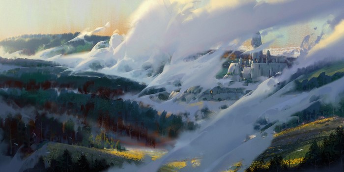clouds, artwork, landscape, YH Wu, castle, fantasy art, nature