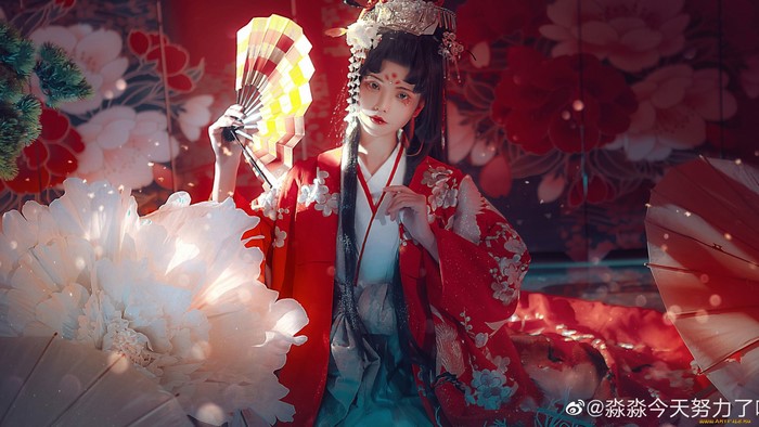 fantasy art, dark hair, artwork, Asian, women, makeup, red lipstick, fantasy girl, looking at viewer