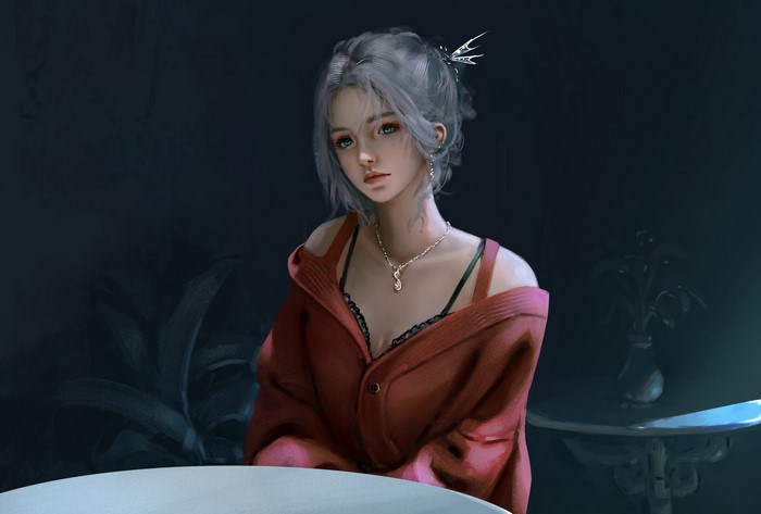 alone, necklace, gray hair, indoors, black bras, women, blue eyes, green eyes, looking into the distance, earrings, women indoors, sitting, bra, sad, ArtStation, artwork