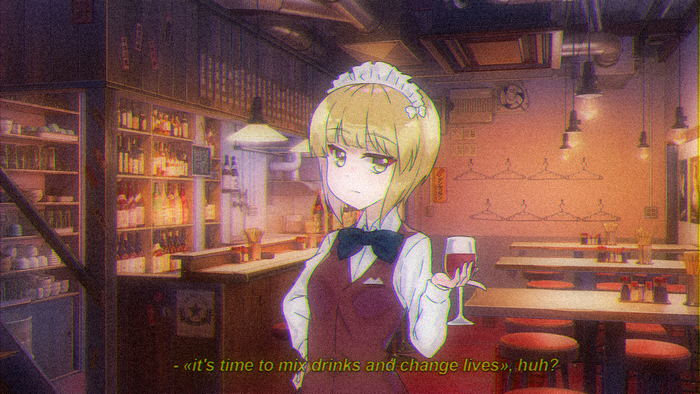 wine, yellow eyes, suits, short hair, quote, wine glass, bar, va-11 hall-a, waitress, bowtie, white shirt