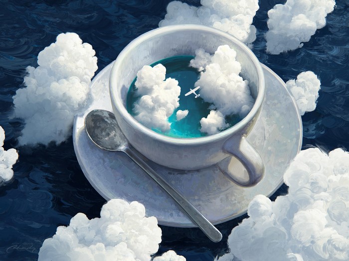 RHADS, aircraft, artwork, clouds, Artem Chebokha, cup, airplane