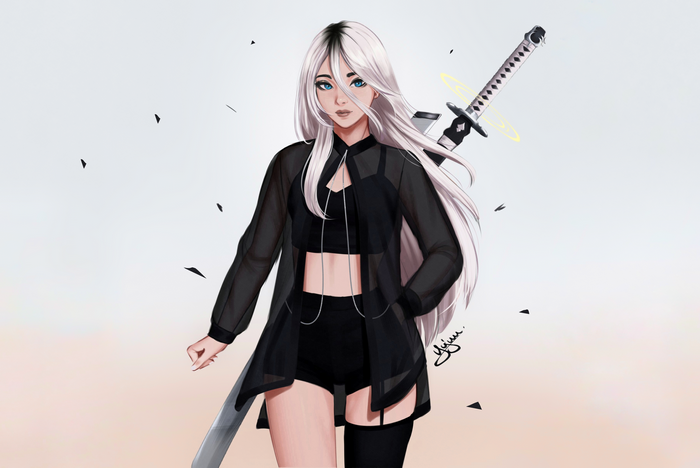 long hair, Yajuu, simple background, video games, Nier: Automata, women, looking at viewer, video game girls, standing, video game art, weapon, aqua eyes, sword, girls with swords