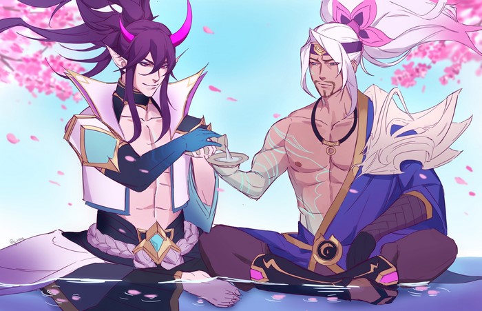 4K, League of Legends, elf ears, Thresh (League Of Legends), Yasuo (League of Legends), purple hair, Riot Games, purple eyes, sake, video game characters, blue eyes, white hair, fan art, spirit blossom, artwork, digital art, illustration, beard