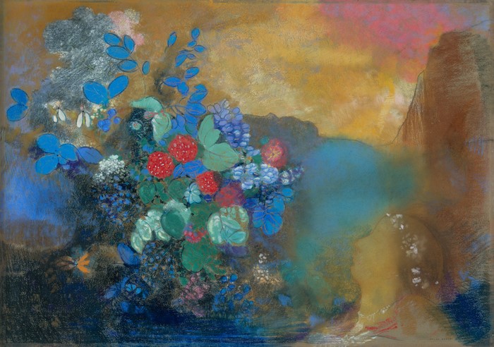 4K, impressionism, Odilon Redon, fantasy art, traditional art, artwork, symbolism, butterfly, abstract, oil painting, watercolor, expressionism, polychromatic, flowers, surreal, flower in hair, polychrome