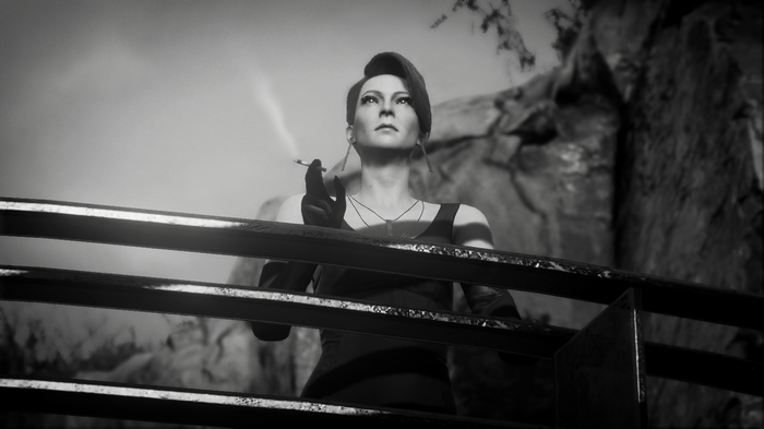 looking into the distance, monochrome, necklace, dress, Diana Burnwood, smoking, Hitman, Hitman 3, video games