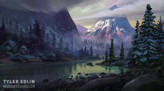 landscape, artwork, mountains, snowy peak, snowy mountain, Tyler Edlin, nature, trees, river
