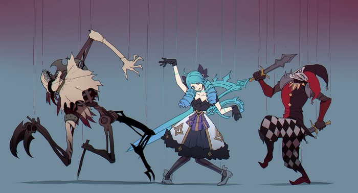 video game characters, video game art, blue hair, ratatatat74, seam, Gwen (League of Legends), artwork, League of Legends, Fiddlesticks (League of Legends), smiling, Shaco (League of Legends), Riot Games, scissors, PC gaming, dagger, fan art, digital art