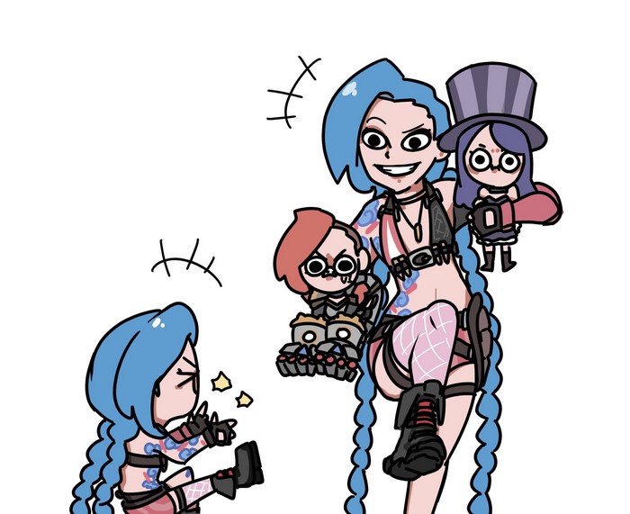Jinx (League of Legends), League of Legends, Caitlyn (League of Legends), Riot Games, artwork, tattoo, digital art, Vi (League of Legends), fan art, sonwooang, wooangson