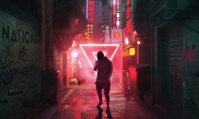 digital painting, neon, street, triangle, city, standing, urban, night, cyberpunk, neon sign, city lights, men, digital art