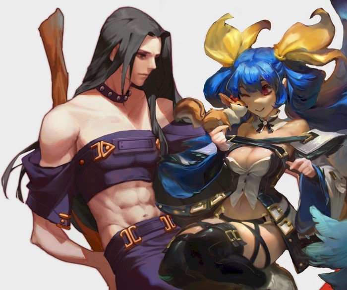 Testament (guilty gear), couple, anime games, Dizzy (Guilty Gear), Fighting Games, long hair, anime girl with wings, Gothic, anime girls, Guilty Gear, blue hair