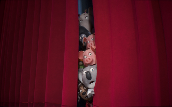 Sing 2 Characters Peeking Behind Red Curtains