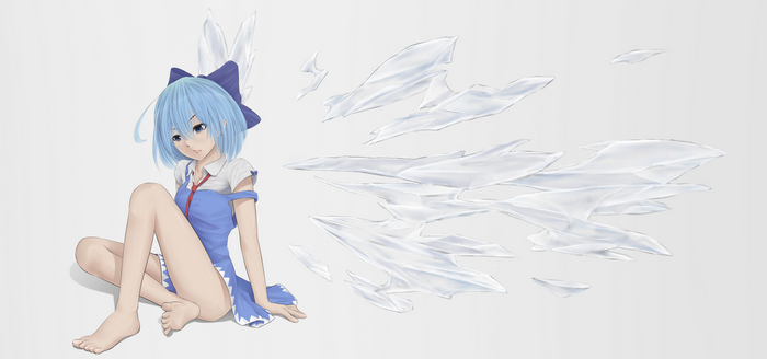 Cirno, simple background, white background, looking away, sitting, anime girls, anime, Touhou, Pixiv, legs, barefoot, aqua hair