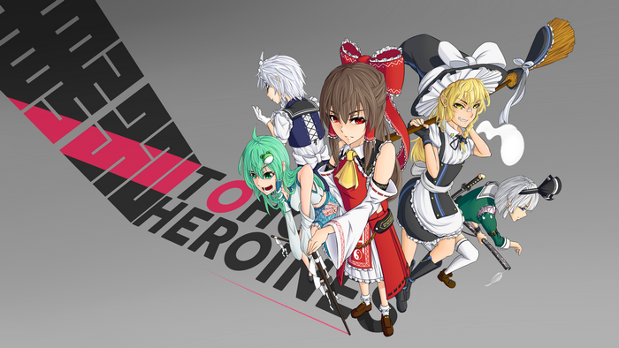 witch hat, anime girls, gray background, green eyes, simple background, looking at viewer, yellow eyes, smirk, yellow hair, broom, standing, group of women, Pixiv, red eyes, green hair, Touhou, brunette