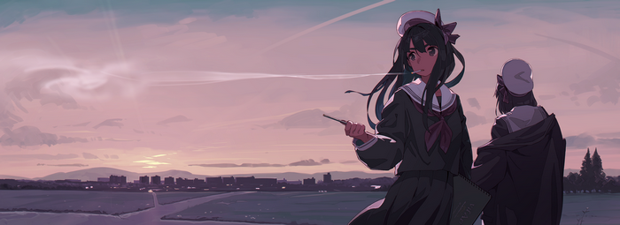 sky, outdoors, smoke, landscape, smoking, cigarettes, dark hair, city, looking away, anime, anime girls, Pixiv