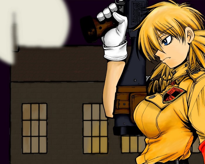 Seras, Girl With Weapon, Hellsing, anime, blue eyes, blonde, Seras Victoria, gun
