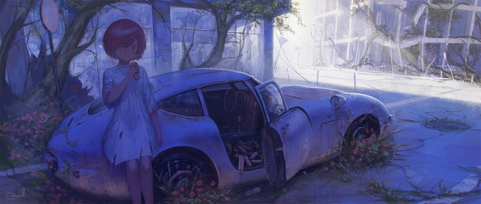 anime girls, Reoen, Toyota 2000GT, anime, ruin