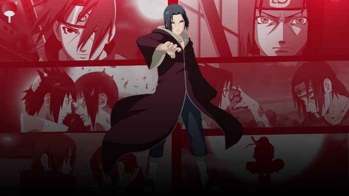 anime, red background, Naruto Shippuuden, red eyes, standing, dark hair, anime boys, Uchiha Itachi
