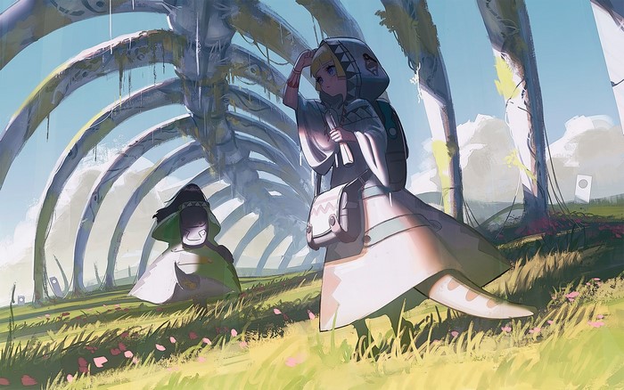 dragon girl, looking away, blushing, skeleton, backpacks, black hair, loli, Reoen, monster girl, clouds, 2D, women outdoors, anime girls, original characters, anime, long hair, blonde, short hair