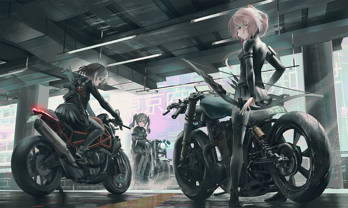 Anime Girls on Motorcycles in Futuristic Setting