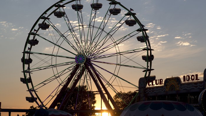 4K, ferris wheel, architecture, sunset