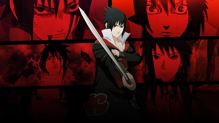 sword, red background, Naruto Shippuuden, Uchiha Sasuke, dark hair, dark eyes, weapon
