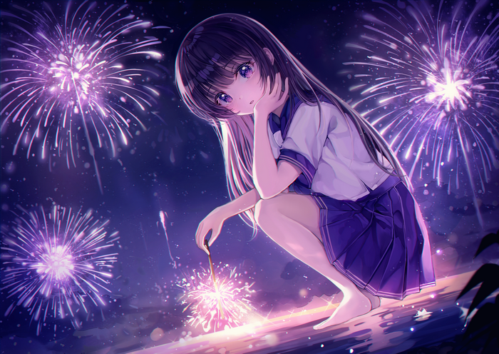 Girl in School Uniform with Sparklers and Fireworks