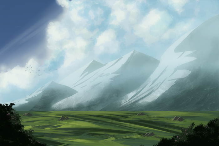 sun rays, grass, rocks, clouds, mountains, plains