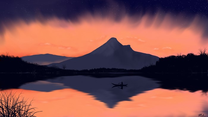 digital art, dusk, night, mountains, digital painting, reflection, landscape