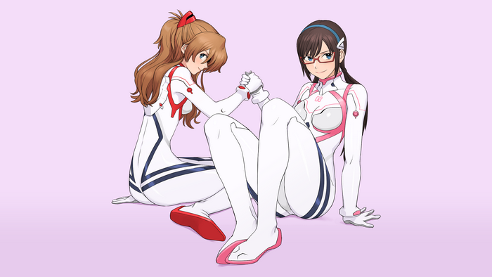 minimalism, plugsuit, looking at viewer, smiling, simple background, Asuka Langley Soryu, anime girls, Pixiv, 2D, Makinami Mari Illustrious, illustration, digital art, drawing, anime, artwork, fan art, Neon Genesis Evangelion