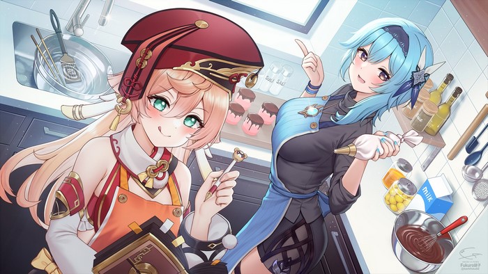 Genshin Impact, anime girls eating, Eula (Genshin Impact), Yanfei (Genshin Impact)