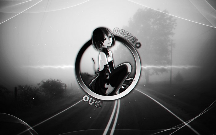 dark background, gradient, Ougi Oshino, Oshino Ougi, picture-in-picture, Monogatari Series, chromatic aberration, monochrome, render in shapes