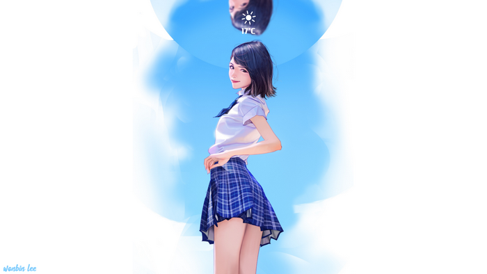 white background, looking at viewer, red lipstick, standing, skirt, smiling, simple background, ultrawide, ArtStation, women, artwork, WB.lee