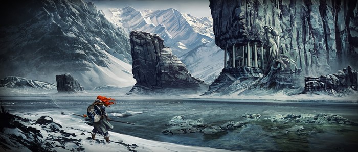 4K, viking, ice, mountains, lance, shield, rocks, mythology, Ragnarok, snow