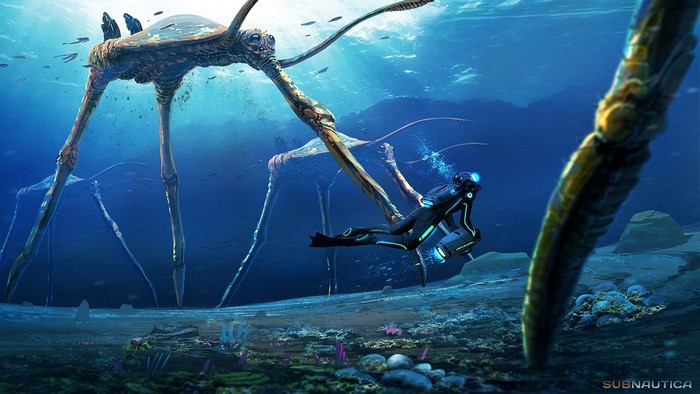 PC gaming, subnautica, divers, video game art, underwater, creature, video games