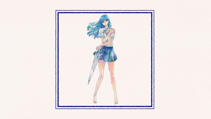 looking at viewer, umbrella, After the rain, long hair, anime girls, legs, standing, simple background, barefoot, anime, women with umbrella, blue hair