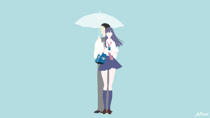 simple background, minimalism, purple hair, watermarked, men, standing, purple socks, socks, cyan background, long hair, anime, white shirt, tie, anime men, umbrella, bangs, anime girls, collared shirt, After the rain, pleated skirt, knee high socks