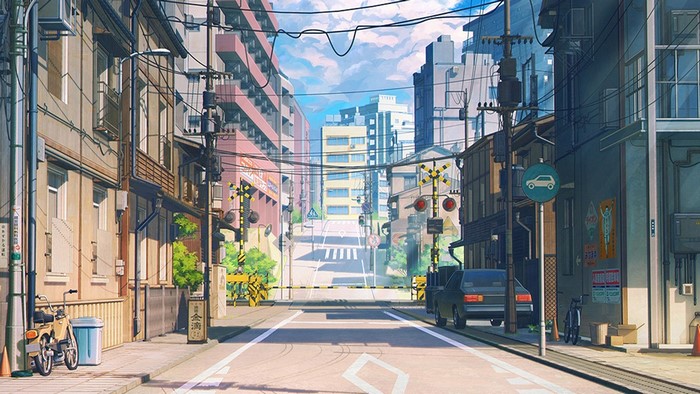 urban, scooters, street, city, car, vehicle, sketch (artist), anime