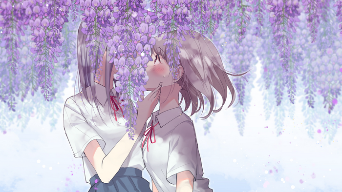 brown eyes, ribbons, anime, anime girls, kissing, short hair, flowers