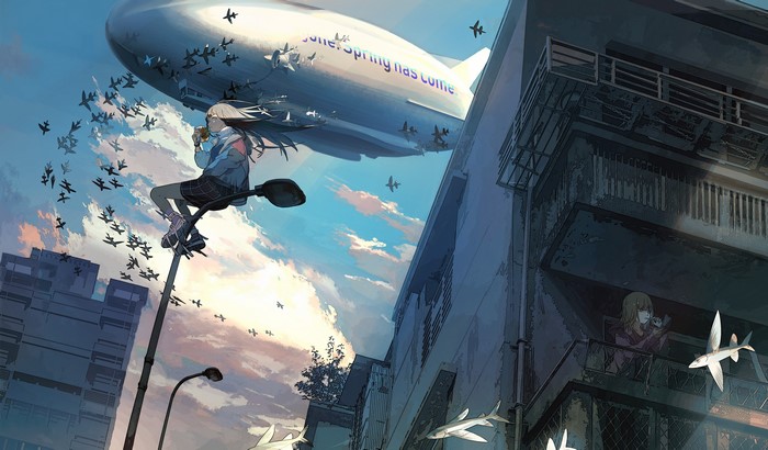4K, dark hair, airships, anime, long hair, anime girls, balcony, sky, blue eyes, fish, jacket, anime girls eating, clouds, sneakers