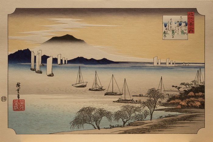 boat, Japanese Art, evening glow, trees, shore, lake, mountains, Utagawa Hiroshige, Traditional Artwork, woodblock print