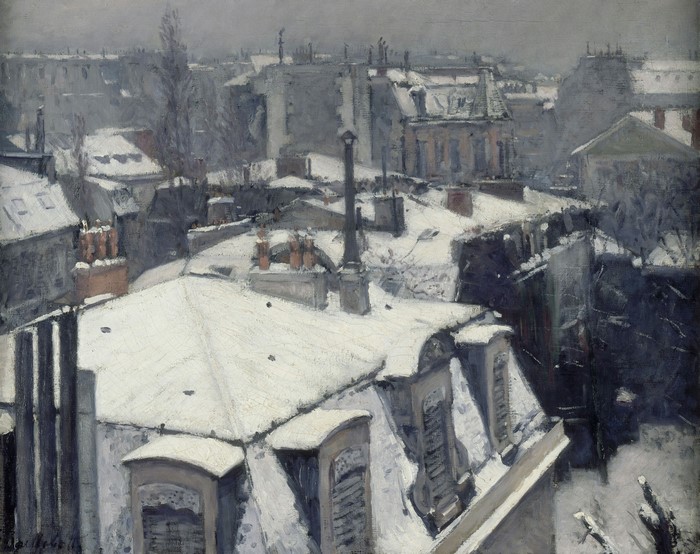 4K, rooftops, painting, Gustave Caillebotte, snow, artwork