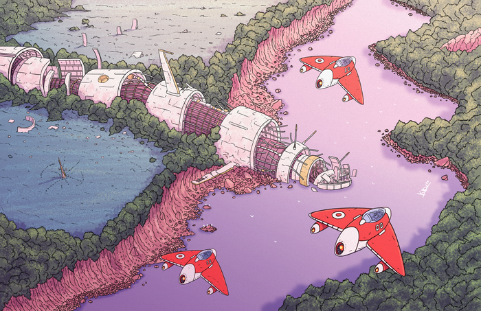 ship, Mœbius, river, digital art, artwork