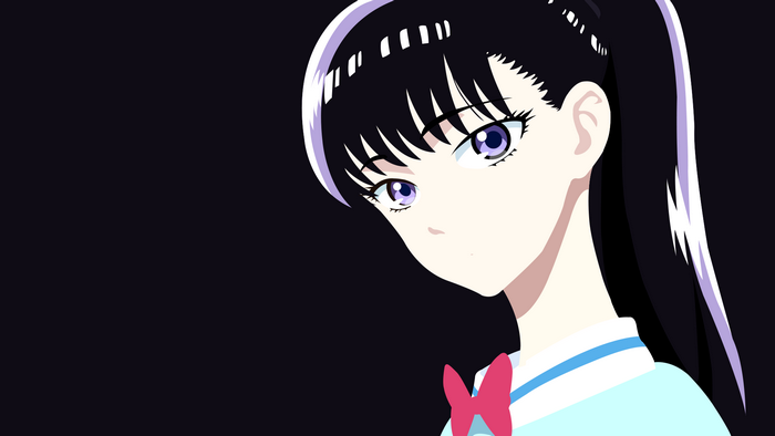 looking at viewer, simple background, After the rain, anime, long hair, dark hair, anime girls, face, purple eyes
