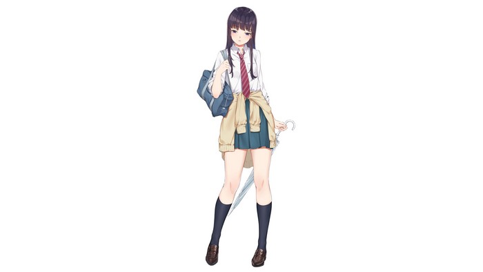 4K, After the rain, anime, standing, tie, legs, collared shirt, umbrella, simple background, knee high socks, shoes, socks, black socks, anime girls, dark hair, pleated skirt, rolled sleeves, white background, white shirt, school uniform, bangs