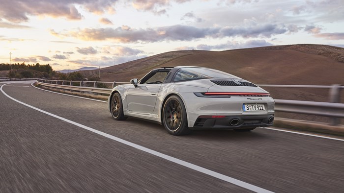 2022 Porsche 911 Targa 4 GTS driving on a road